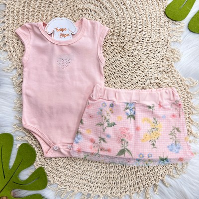 Conj. Body Coração Strass e Saia Floral - Pêssego 